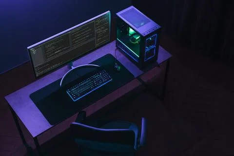 Top view of home coder workspace with professional programming setup Stock Photos