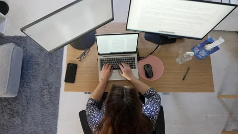 Top View of Home Office Desk Setup, Woman Working, Static Shot Stock Footage 304478775