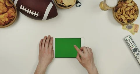 Top view on the horizontal tablet computer on the white desk with rugby fan Stock-Footage 96327136