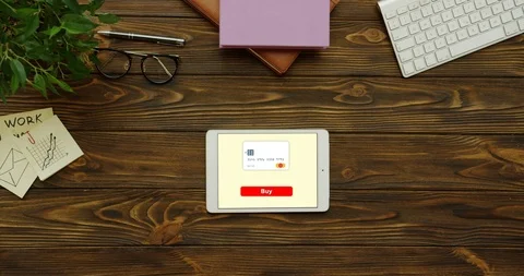 Top view on the horizontal white tablet computer having a program of shopping Stock Footage 95083989