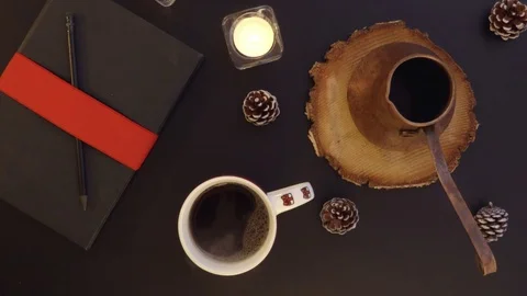 Top view hot coffee on the table with Christmas decoration table from above Stock Footage 70012709