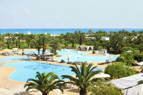 Top view of the hotel complex on the first coastal line of the sea Stock Photos