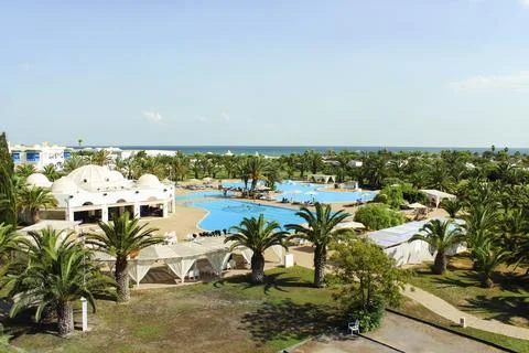 Top view of the hotel complex on the first coastal line of the sea Stock Photos