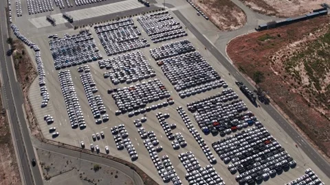 Top view of a huge fleet of new cars for export. Cars in the open air. Video stock 245154389