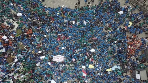 Top View of Huge students demonstration crowd who protested the policies of the Stock Footage 125063436