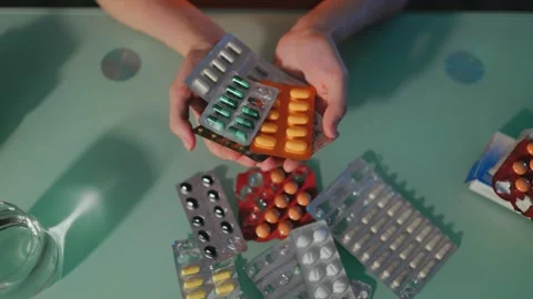 Top view of human hands holding pharmaceutical blister packs. Stock Footage 339205040