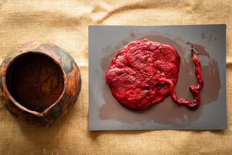 Top view of human placenta and umbilical cord of newborn baby with a ritual p Foto stock