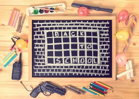 Top view humorous concept of hate school as prison with text back to school i Photos