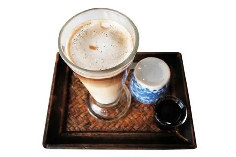 Top view of Iced latte coffee and hot black coffee with tea in a woven tray Stock Photos