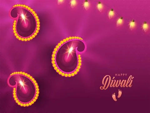Top View of Illuminated Oil Lamps (Diya) and Hanging Lighting Garland Decor.. Stock Illustration