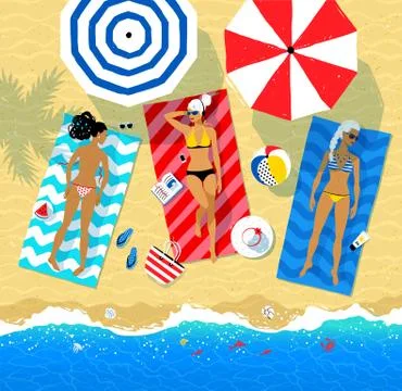 Top view illustration of three young women lying on beach Stock Illustration