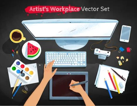 Top view illustrations set of artists workplace Stock Illustration
