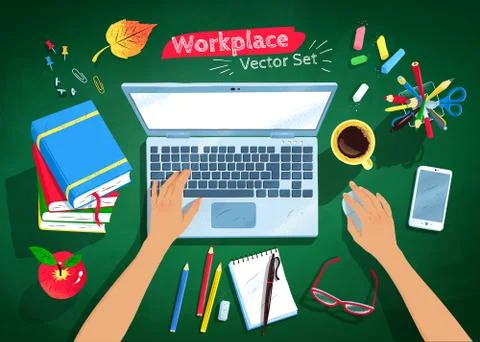 Top view illustrations set of student workplace Illustrazione stock