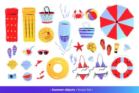 Top view illustrations set with summer accessories Stock Illustration