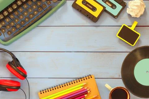 Top view image of eightees style objects Stock Photos