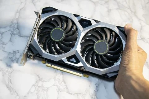 A top-view image of a graphics card, a component of a computer. Stock Photos