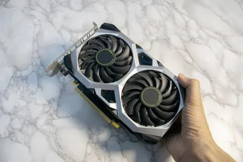 A top-view image of a graphics card, a component of a computer. Stock Photos