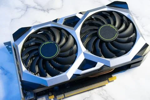 A top-view image of a graphics card, a component of a computer. Stock Photos