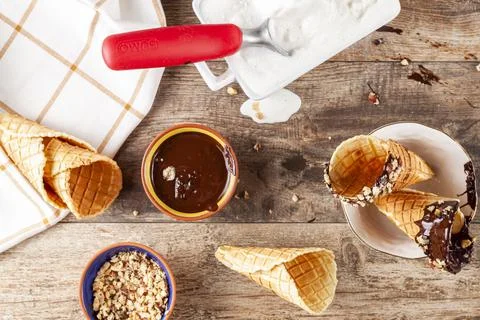 Top view image of a kitchen countertop or table where hand rolled fresh made  Stock Photos