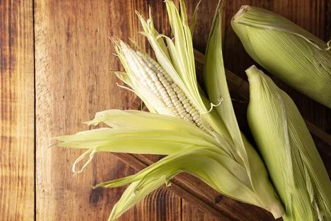 Top view image of raw white corn on the cob on wooden rustic surface. Flat La Stock Photos