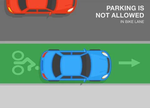 Top view of an incorrect parked car. Parking is not allowed in bike lane. Stock Illustration