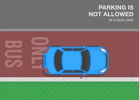 Top view of an incorrect parked car. Parking is not allowed in a bus lane. Stock Illustration