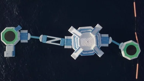 Top view of inflatable waterpark in ocean Stock Footage 114806789
