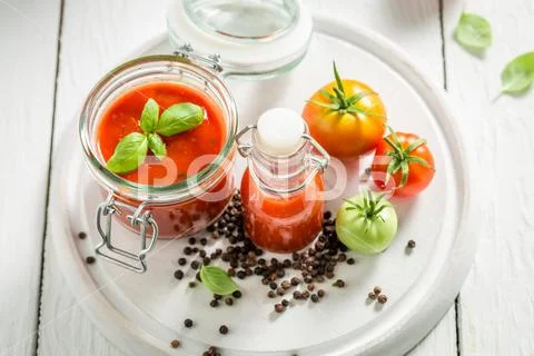 Top view of ingredients for passata made of tomatoes Stock Photos