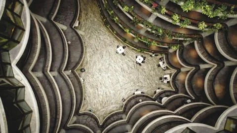 Top view inside The Hive - learning hub designed as a shape of honey comb Stock Photos