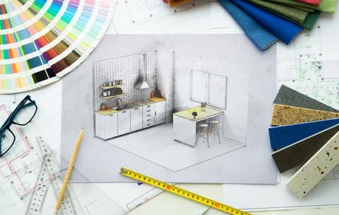 Top view of interior design kitchen draft desktop Stock Illustration