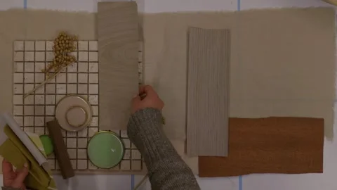 Top view of interior designer arranging base natural materials for mood board on Video stock 329827674
