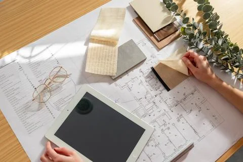 Top view of interior designer hands working on sample choosing while on table Stockfoto's