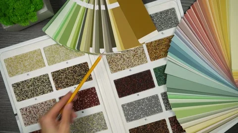 Top view of interior designer's desk. Process of matching colours Stock Footage 219718903