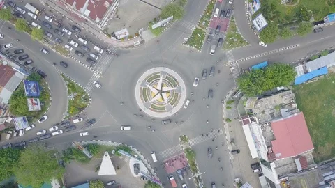 Top view of intersection of five in small city Stock Footage 113858548
