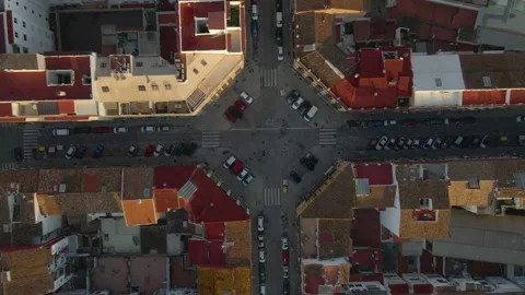 Top view of an intersection with lots of cars parked, Valencia, Spain, 4k Stock Footage 164857741