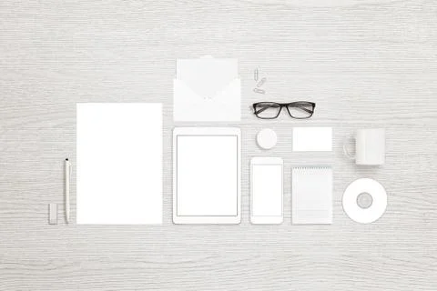 Top view of isolated stationary objects for branding, identity design present Stock Photos