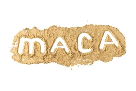 Top view of isolated on white words MACA written with maca root powder Stock Photos