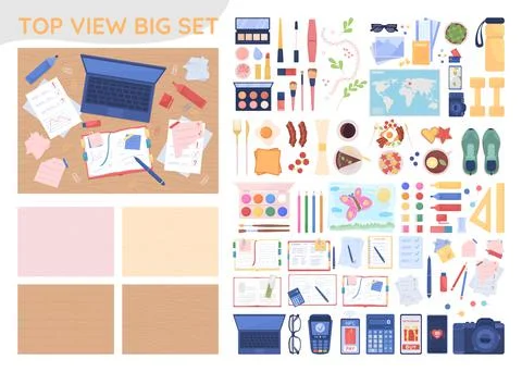 Top view items 2D vector isolated illustrations big set Stockillustratie