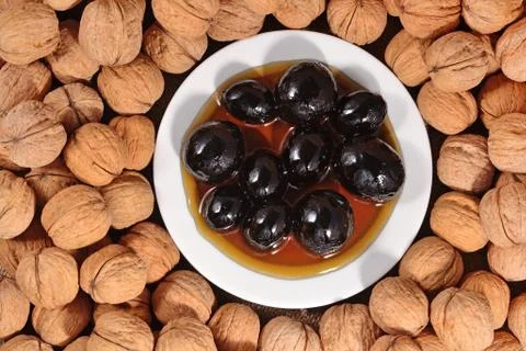 Top view of jam from walnuts Stock Photos