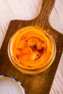 Top view on jar full of pickled cheese with onion Stock Photos