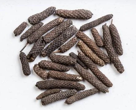Top view of java long pepper close up on gray top view of java long pepper... Photos