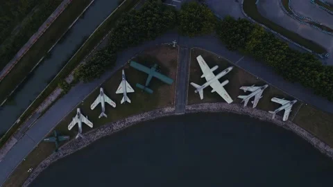 Top view of the jet warplanes at the airfield. Stock Footage 198119483