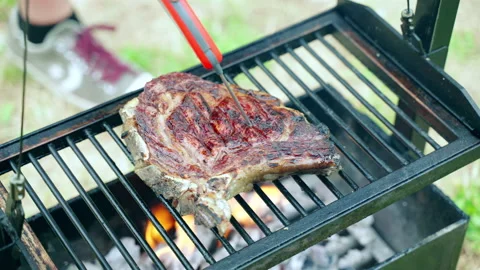 Top view of juicy beef steak on bbq grid with rising smoke and burning charcoal Stock-Footage 159769731