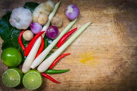Top view. Kaffir lime leaf, lemon, lemongrass, galangal, chili, onions and St Stock Photos