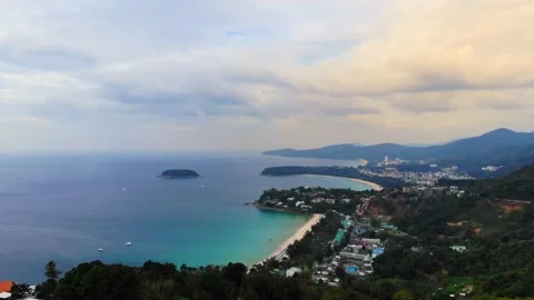 Top view of Karon, Kata, Kata Noi beaches, turquoise water, mountains, nice sky Stock Footage 246107678