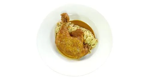 Top view Khao Soi on white. Fotos de archivo