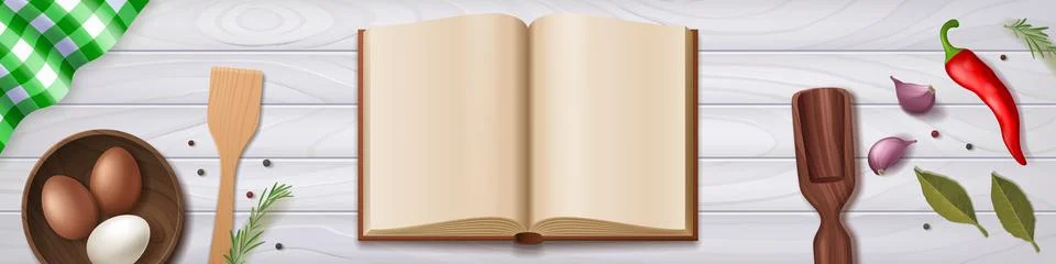 Top view of kitchen table with open recipe book Stock Illustration