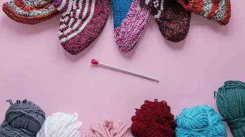 Top view knitting needles wool Stock Photos