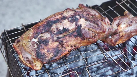 Top View Lamb Leg Roasting Outdoor Barbecue Grill Charcoal 動画素材 345357036