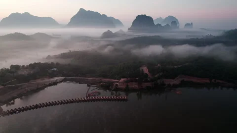 Top view Landscape of Morning Mist with Mountain Layer at Meuang Feuang Stock Footage 260521553
